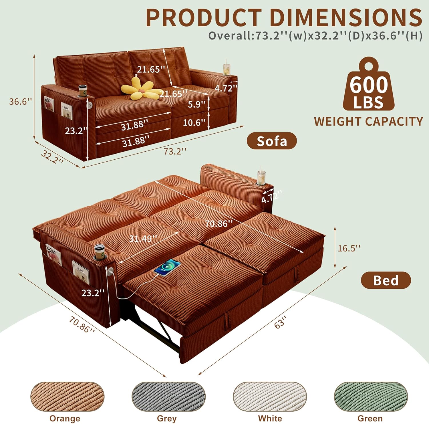 73' Queen Size Sofa Bed, Loveseat Sleeper Sofa with Pull Out Bed, Pockets and USB, Modern 2 Seater Convertible Small Couch for Living Room Bedroom Apartment (Orange, Corduroy)