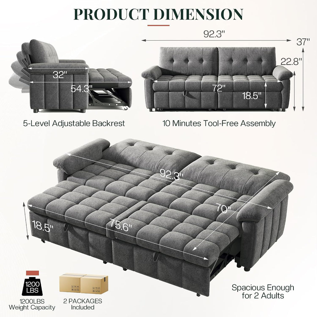 Jocisland 93' 4-in-1 Convertible Sofa Bed, Full Size Cloud Sleeper Sofa, Tufted Chenille, 5-Position Adjustable Backrest, 10-Minute Tool-Free Assembly, Couches for Living Room Guest Room, Gray