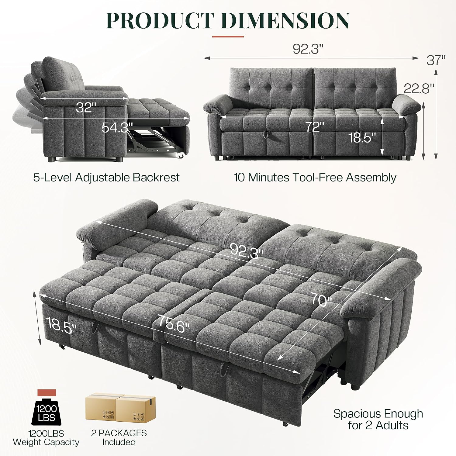 Jocisland 93' 4-in-1 Convertible Sofa Bed, Full Size Cloud Sleeper Sofa, Tufted Chenille, 5-Position Adjustable Backrest, 10-Minute Tool-Free Assembly, Couches for Living Room Guest Room, Gray