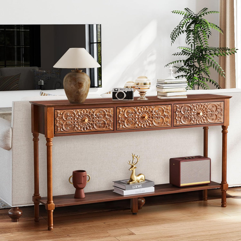 weselon 55.5' Carved Console Table with 3 Drawers, 2-Tier Sofa Table with Glossy Floral Surface and Solid Wood Legs, Mid-Century Modern Entryway Table for Living Room Hallway (Walnut)