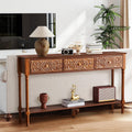 weselon 55.5' Carved Console Table with 3 Drawers, 2-Tier Sofa Table with Glossy Floral Surface and Solid Wood Legs, Mid-Century Modern Entryway Table for Living Room Hallway (Walnut)