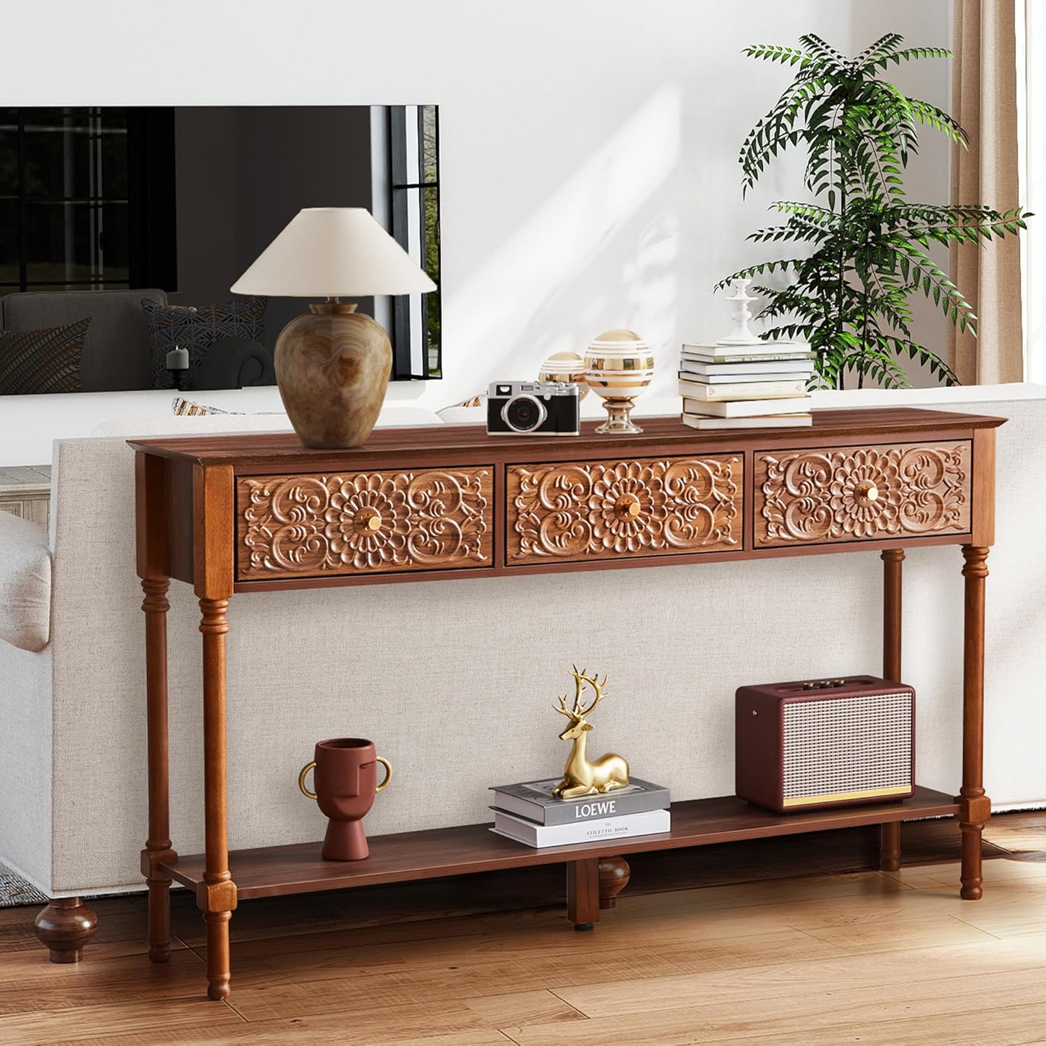 weselon 55.5' Carved Console Table with 3 Drawers, 2-Tier Sofa Table with Glossy Floral Surface and Solid Wood Legs, Mid-Century Modern Entryway Table for Living Room Hallway (Walnut)