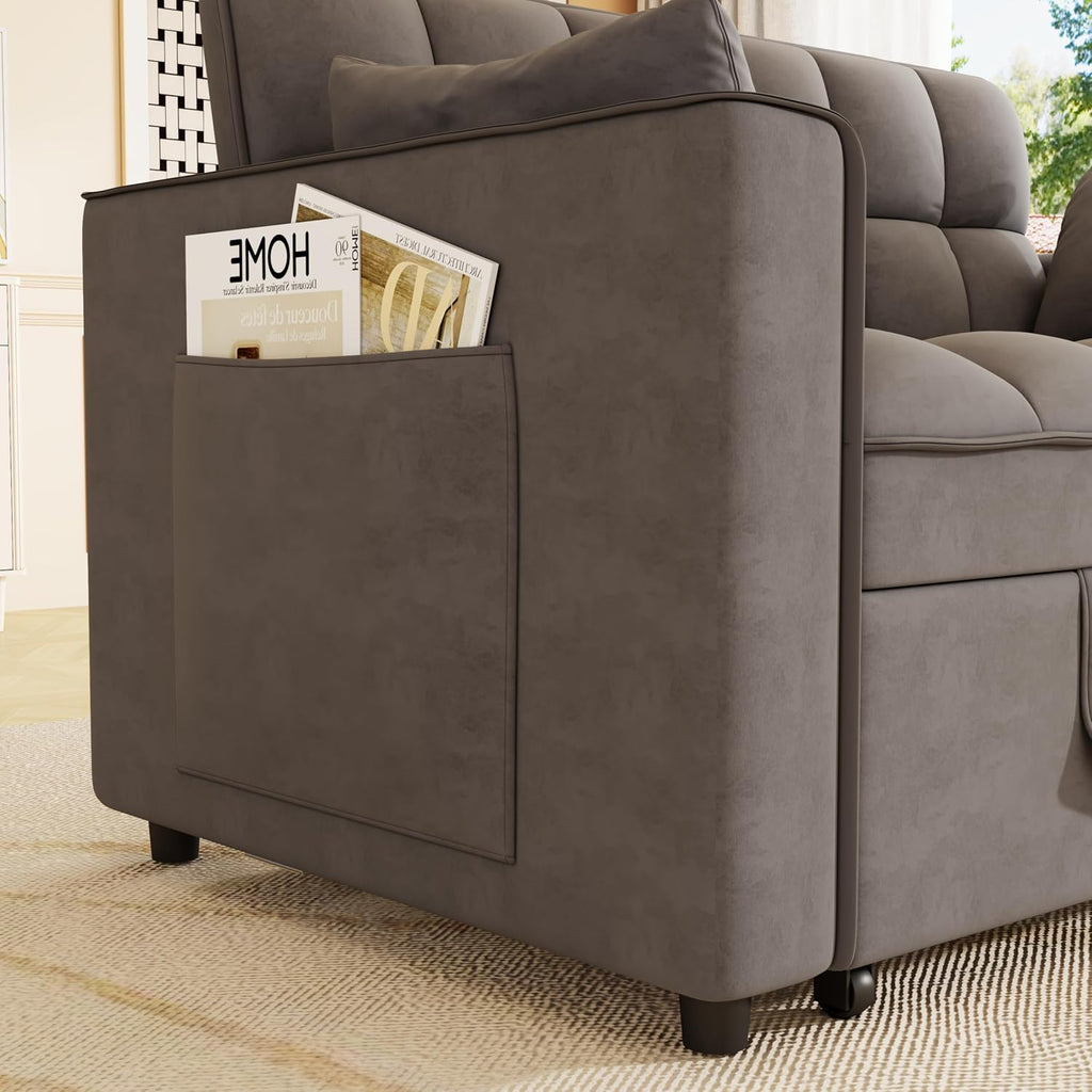 KEIKI 2-Seat Velvet Sofa Bed w/Adjustable Backrest & Side Pockets, Cloud Chair for Living Room, Multifunctional Pull Out Bed – Dark Gray