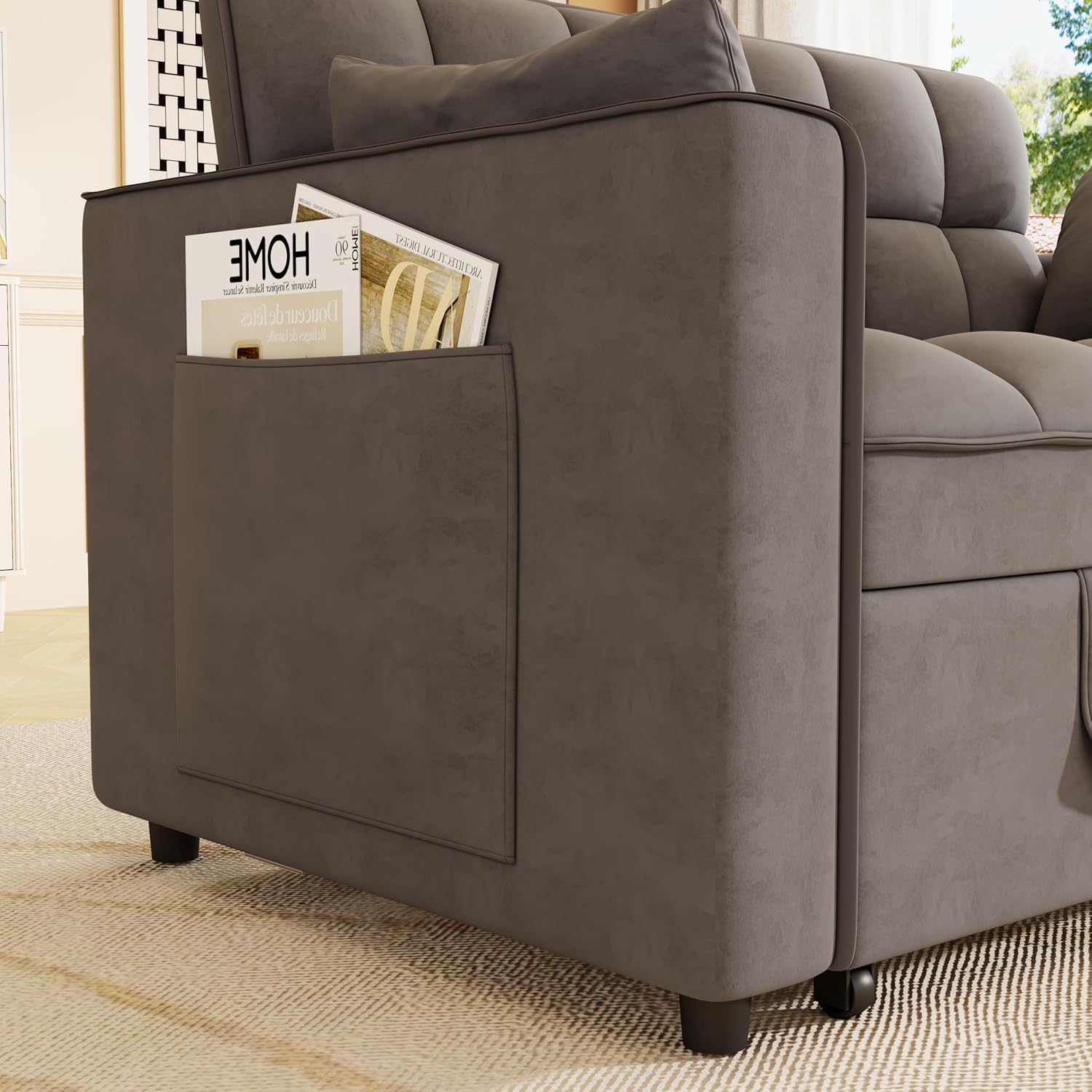 KEIKI 2-Seat Velvet Sofa Bed w/Adjustable Backrest & Side Pockets, Cloud Chair for Living Room, Multifunctional Pull Out Bed – Dark Gray