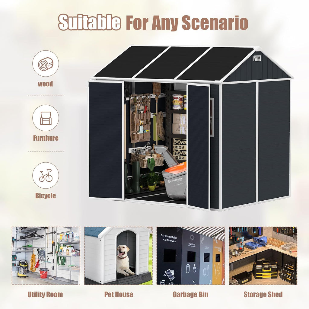 8x7ft Outdoor Storage Shed with Lockable Double Doors, Heavy Duty Resin Garden Shed for Backyard, 2 Windows & Floor Included, Hurricane-Proof, Waterproof UV-Resistant for Lawn Mower/Patio Furniture
