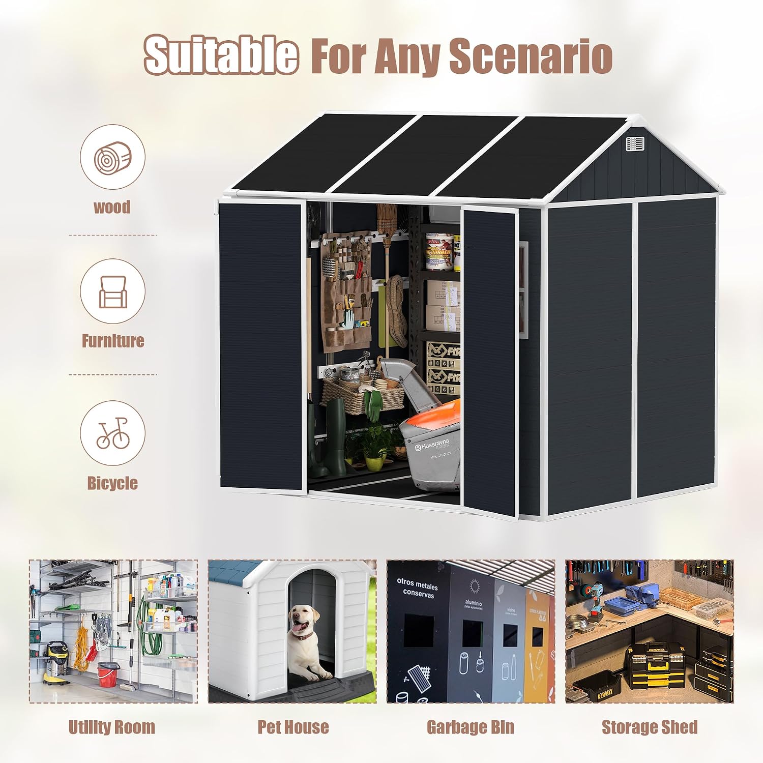 8x7ft Outdoor Storage Shed with Lockable Double Doors, Heavy Duty Resin Garden Shed for Backyard, 2 Windows & Floor Included, Hurricane-Proof, Waterproof UV-Resistant for Lawn Mower/Patio Furniture