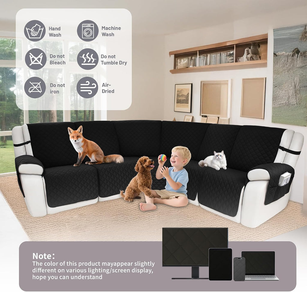 Waterproof Sectional Reclining Couch Covers L Shaped Recliner Sectional Sofa Cover 7 Piece Non Slip Washable Corner Recliner Slipcover Set for Pet Dog (5 Seater Cover, Charcoal Black)