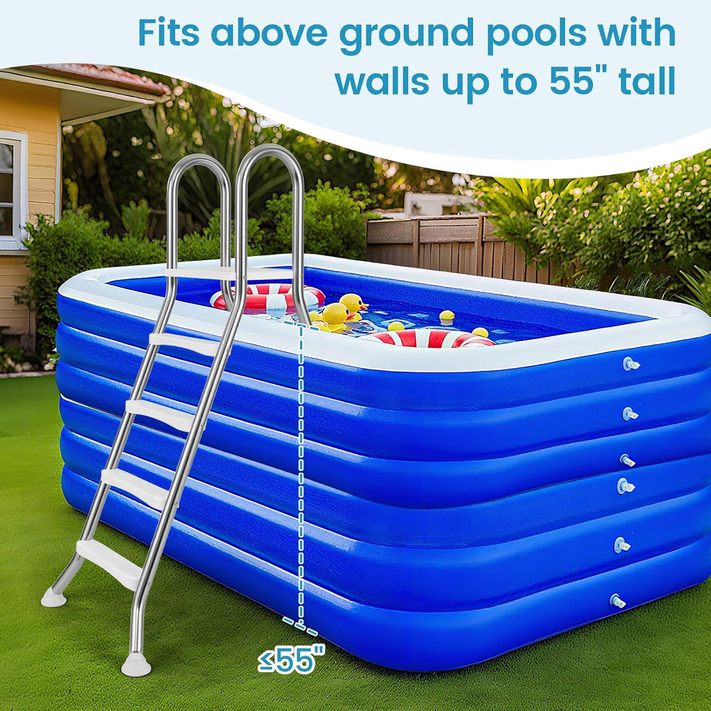 Goplus 4-Step Steel Frame Above Ground Swimming Pool Ladder for 55' Pool Wall Heights, Double-Sided Entry & Exit Ladder w/Non-Slip Steps, Top Platform, Rotating Foot Pads