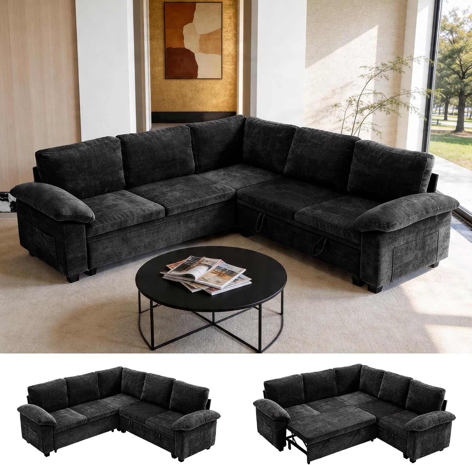 Modular Sectional Sofa with Pull Out Bed Sleeper Sofa L Shaped with Storage, Sectional Couch for Living Room Convertible Sofa Bed with Removable Sofa Cover(5 Seats Black)