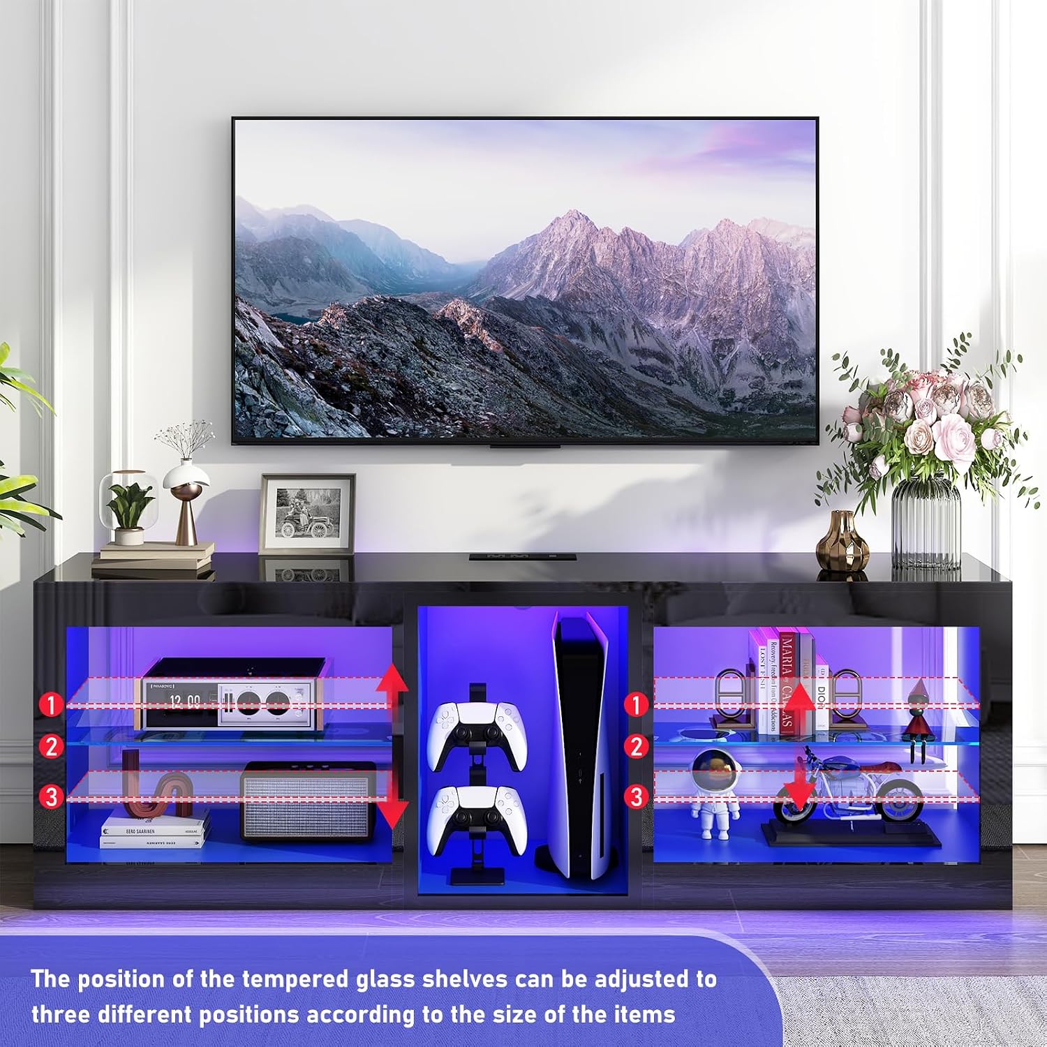 chartustriable LED TV Stands W/Power Outlet for 65 70Inch TV,63' Modern Entertainment Center W/7000-Colors Light for P S 5,High Gloss TV Console w/Adjustable Shelves for Living Room Gameroom(Black)