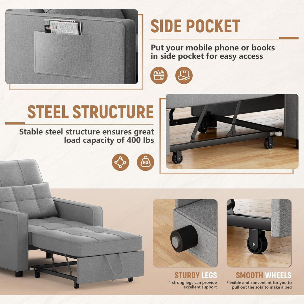 Flamaker Sofa Bed, Sleeper Sofa 3-in-1, Adjustable Couch Bed with Modern Linen Fabric, Convertible Sleeper Chair, Couches for Living Room, Apartment and Small Space (Bright Gray)