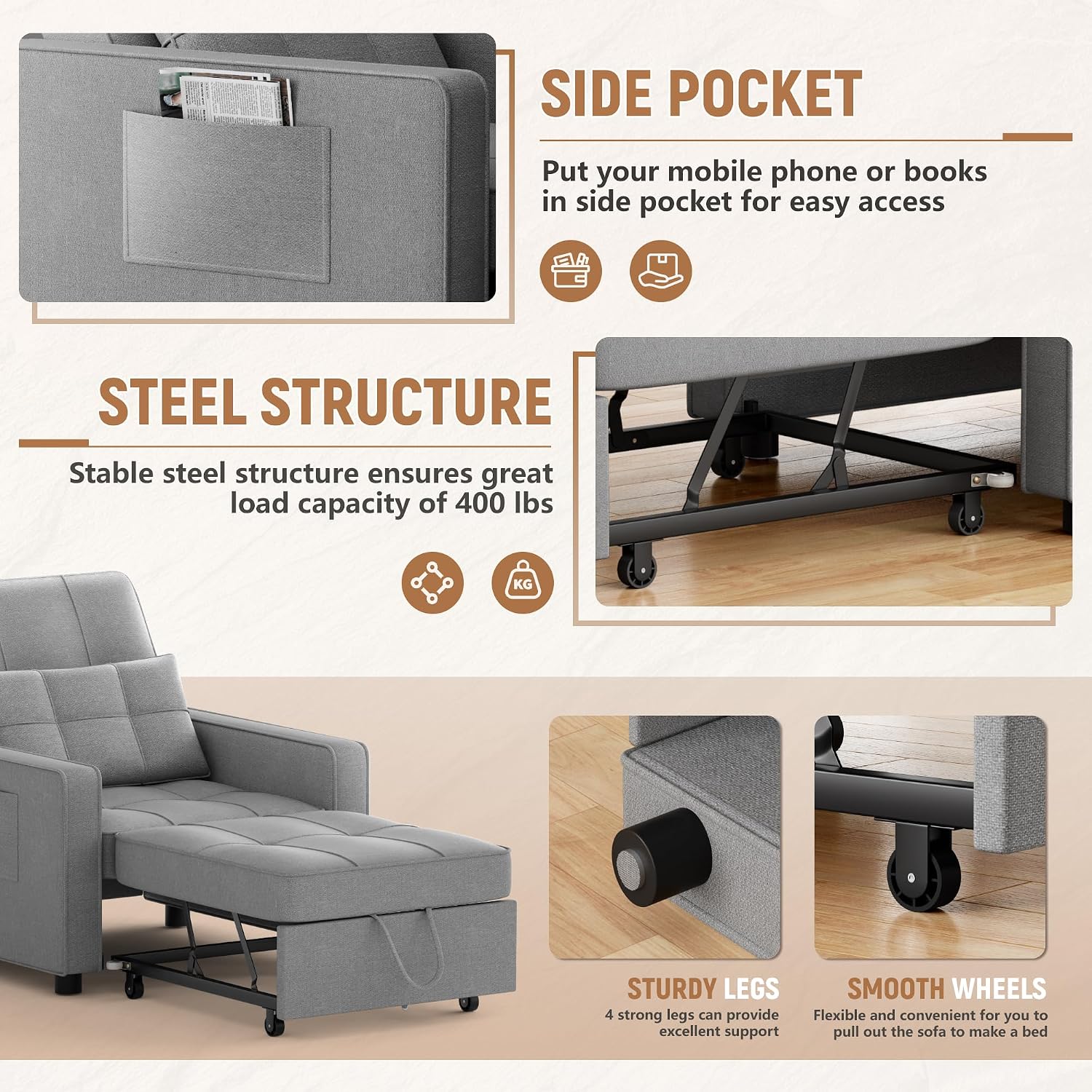 Flamaker Sofa Bed, Sleeper Sofa 3-in-1, Adjustable Couch Bed with Modern Linen Fabric, Convertible Sleeper Chair, Couches for Living Room, Apartment and Small Space (Bright Gray)