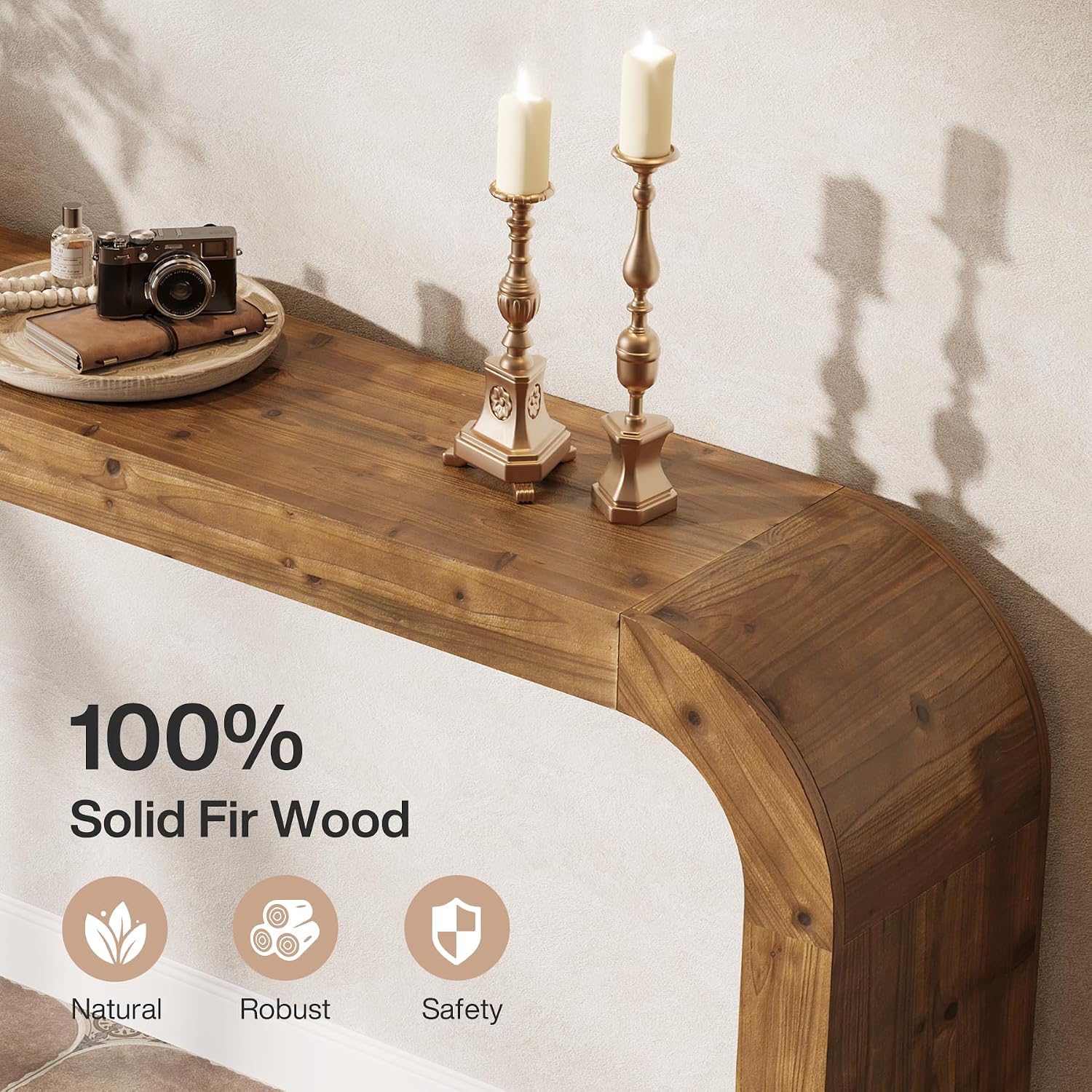Solid Wood Console Table, 70.87-Inch Farmhouse Sofa Table with Waterfall Curved Corners for Hallway, Living Room, Behind Couch, Entrance (Natural Wood)