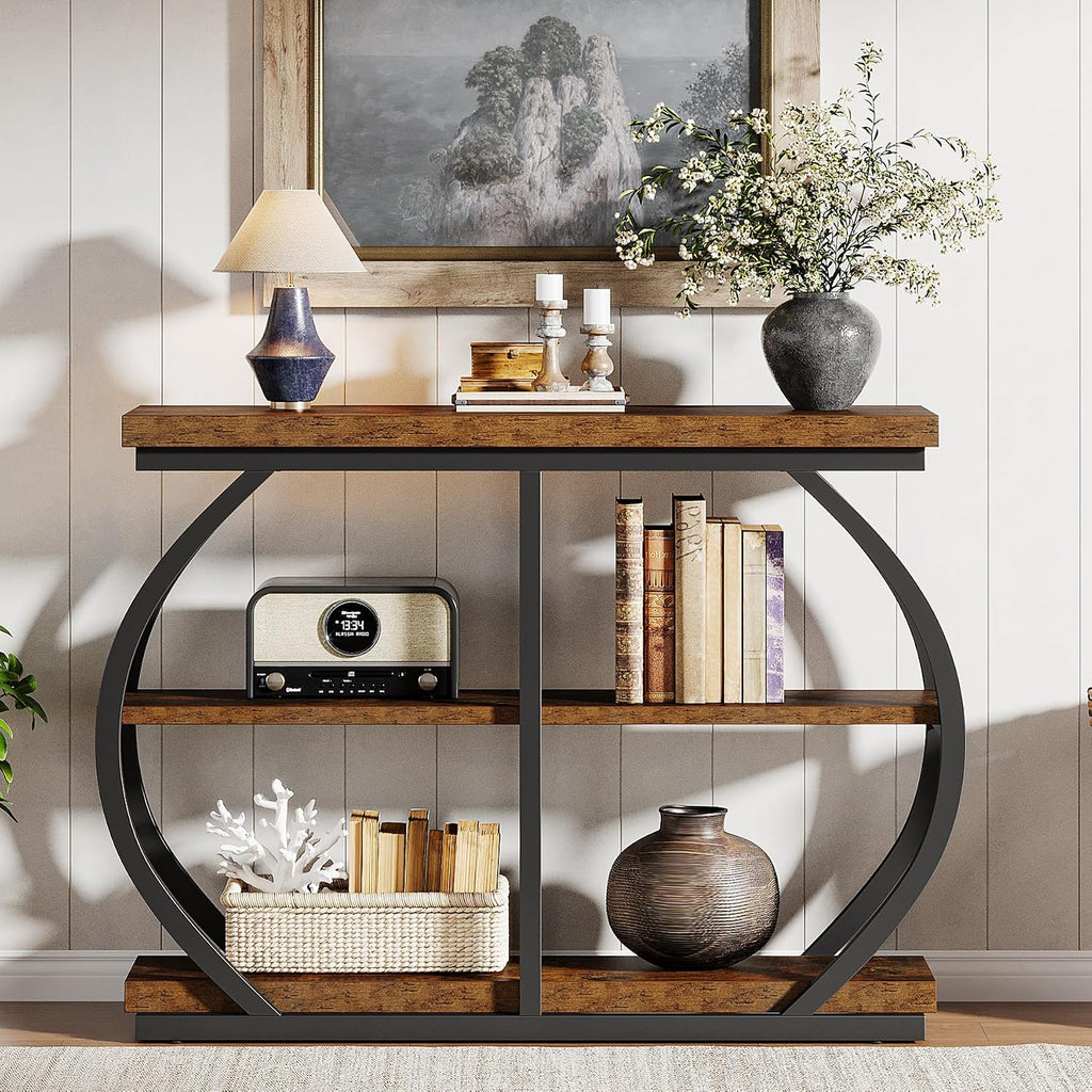 Tribesigns 41.3' Console Table, Industrial 3-Tier Entryway Table with Arched Metal Frame and Storage Shelves for Living Room, Hallway, Rustic Brown