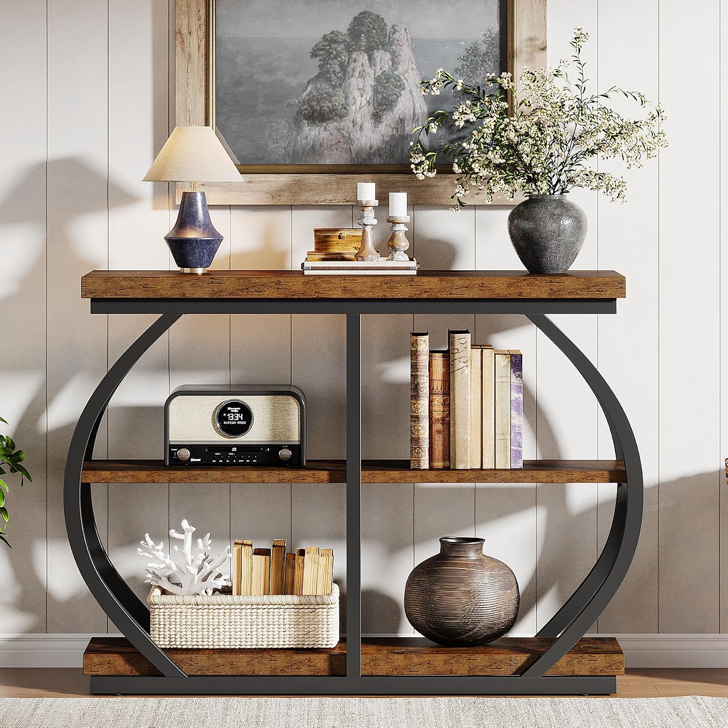 Tribesigns 41.3' Console Table, Industrial 3-Tier Entryway Table with Arched Metal Frame and Storage Shelves for Living Room, Hallway, Rustic Brown