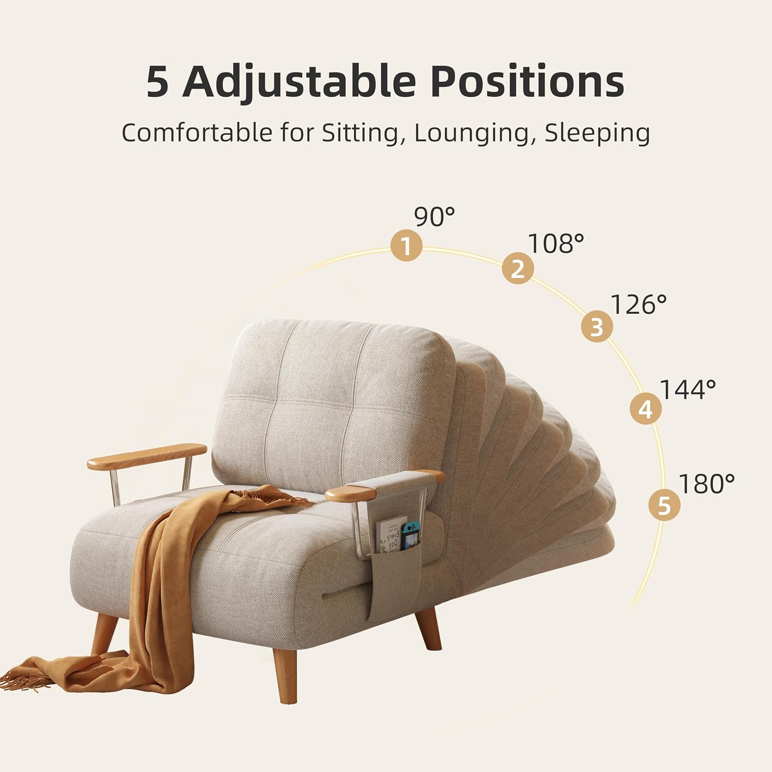 Convertible Lounger Fold-Out Sofa Bed, 3-in-1 Sleeper Sofa，Adjustable Backrest, Modern-Style Sofa for Small Spaces, Bedrooms & Offices(Beige,28.35)