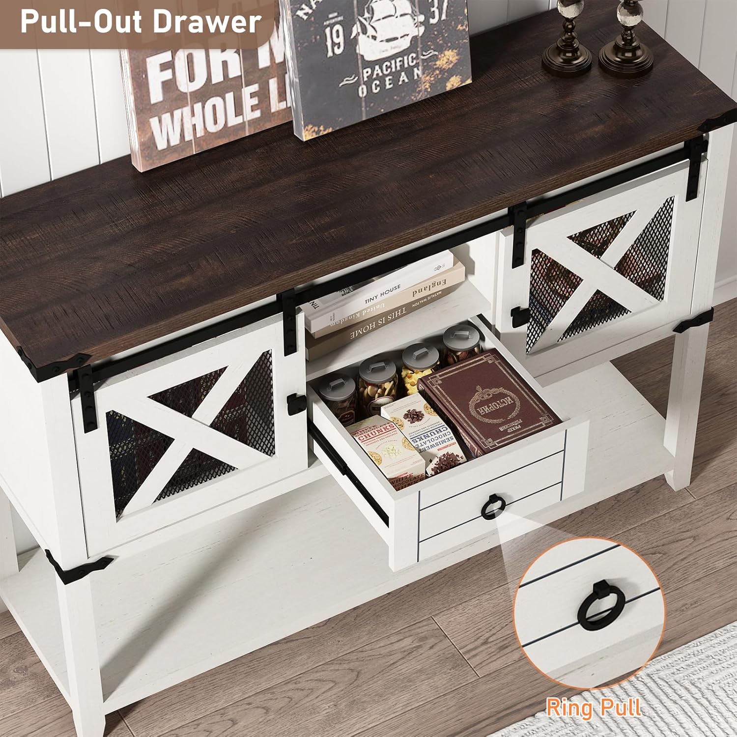 Hlivelood Farmhouse Entryway Table with 2 Sliding Barn Doors & Drawer, 46'' Rustic Console Table with Storage, Open Shelf Space, Industrial Sofa Table for Living Room, Entryway, Hallway, Vintage White