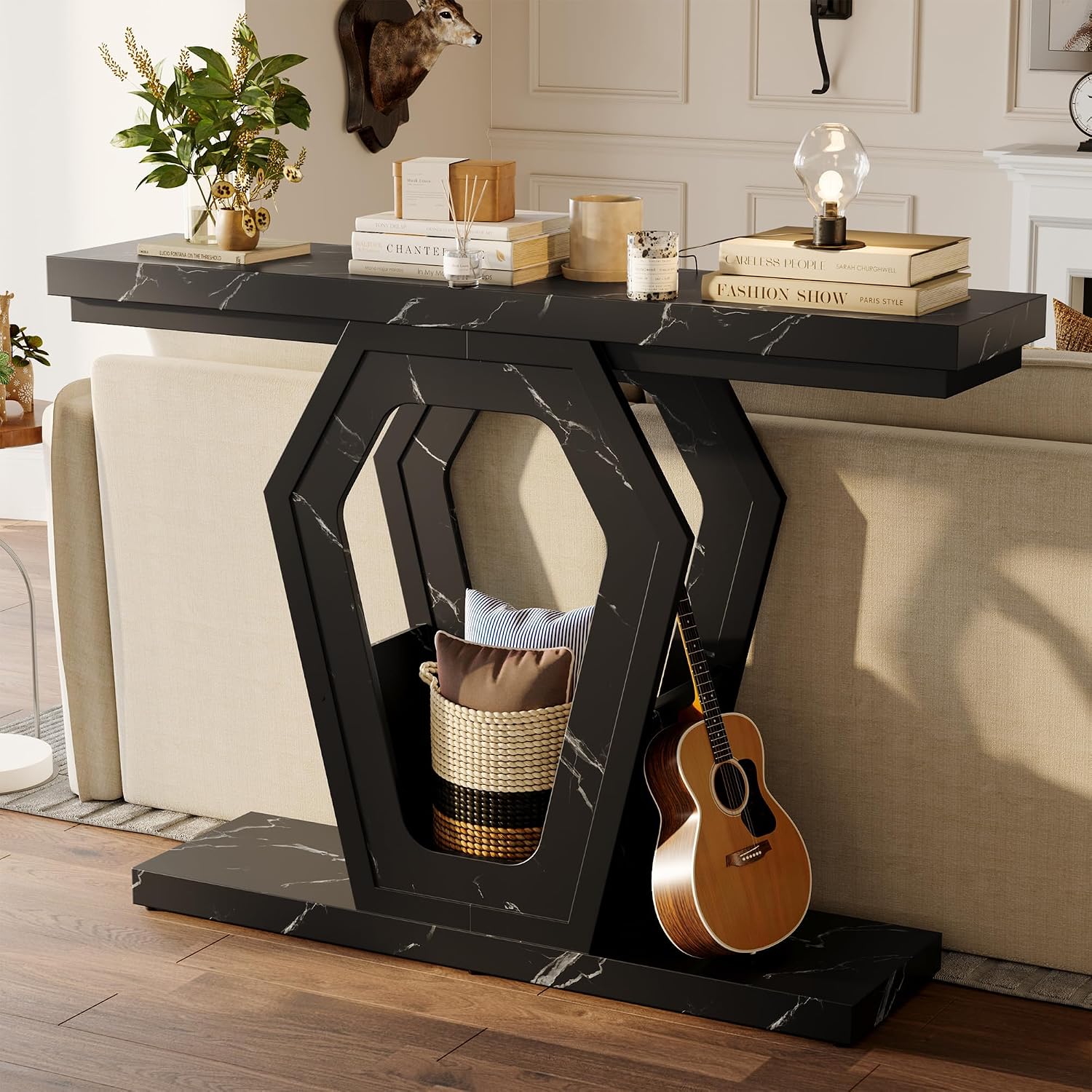 FUSUNBAO 47.3' Console Table,Openwork Bracket Sofa Table, Wood Narrow Entryway Table for Hallway, Behind The Couch, Living Room, Foyer, Easy Assembly (Black Marble Texture)