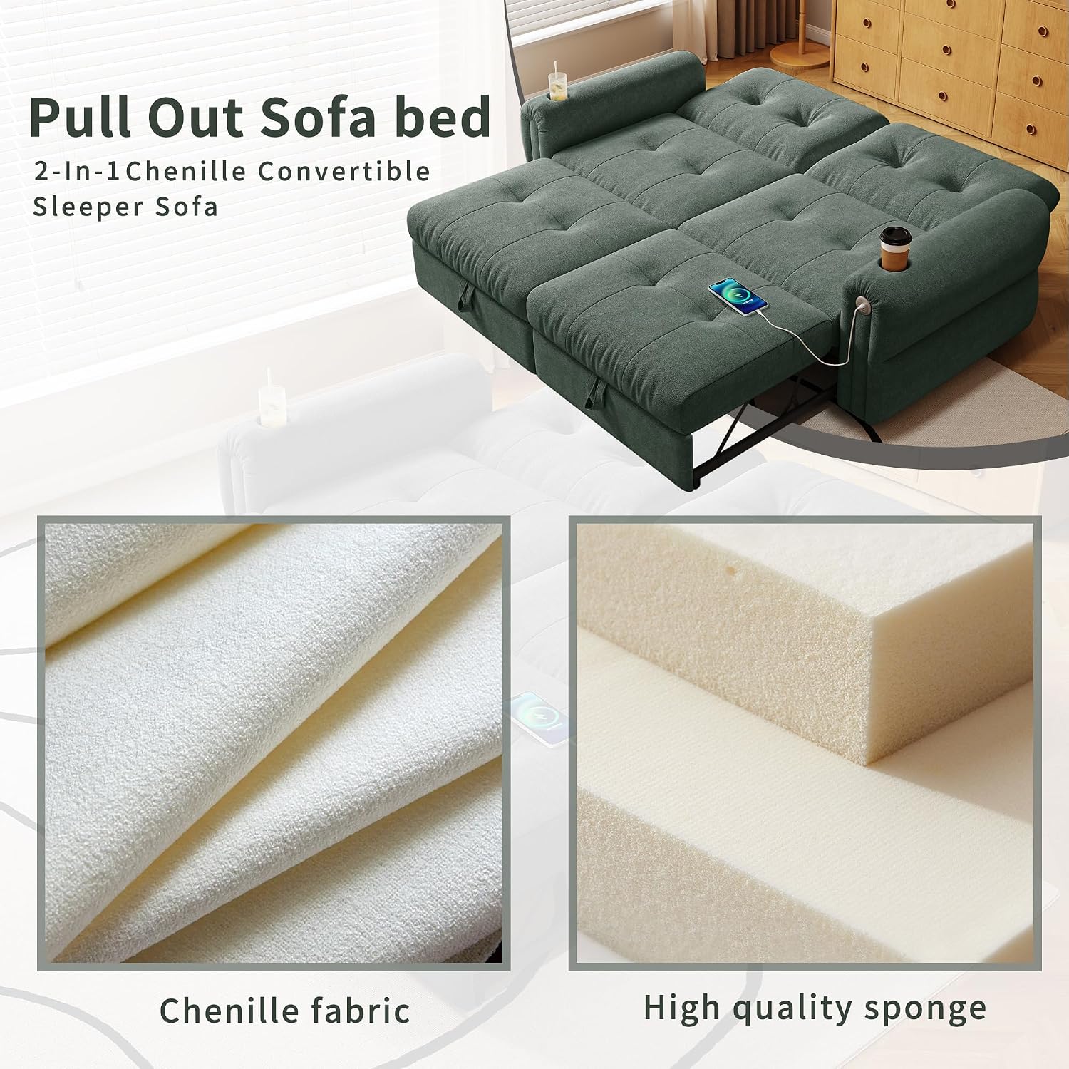 77' Queen Size Sofa Bed, Loveseat Sleeper Sofa with Pull Out Bed and USB, 2 Seater Convertible Small Couch for Living Room Bedroom Apartment (Green, Chenille)
