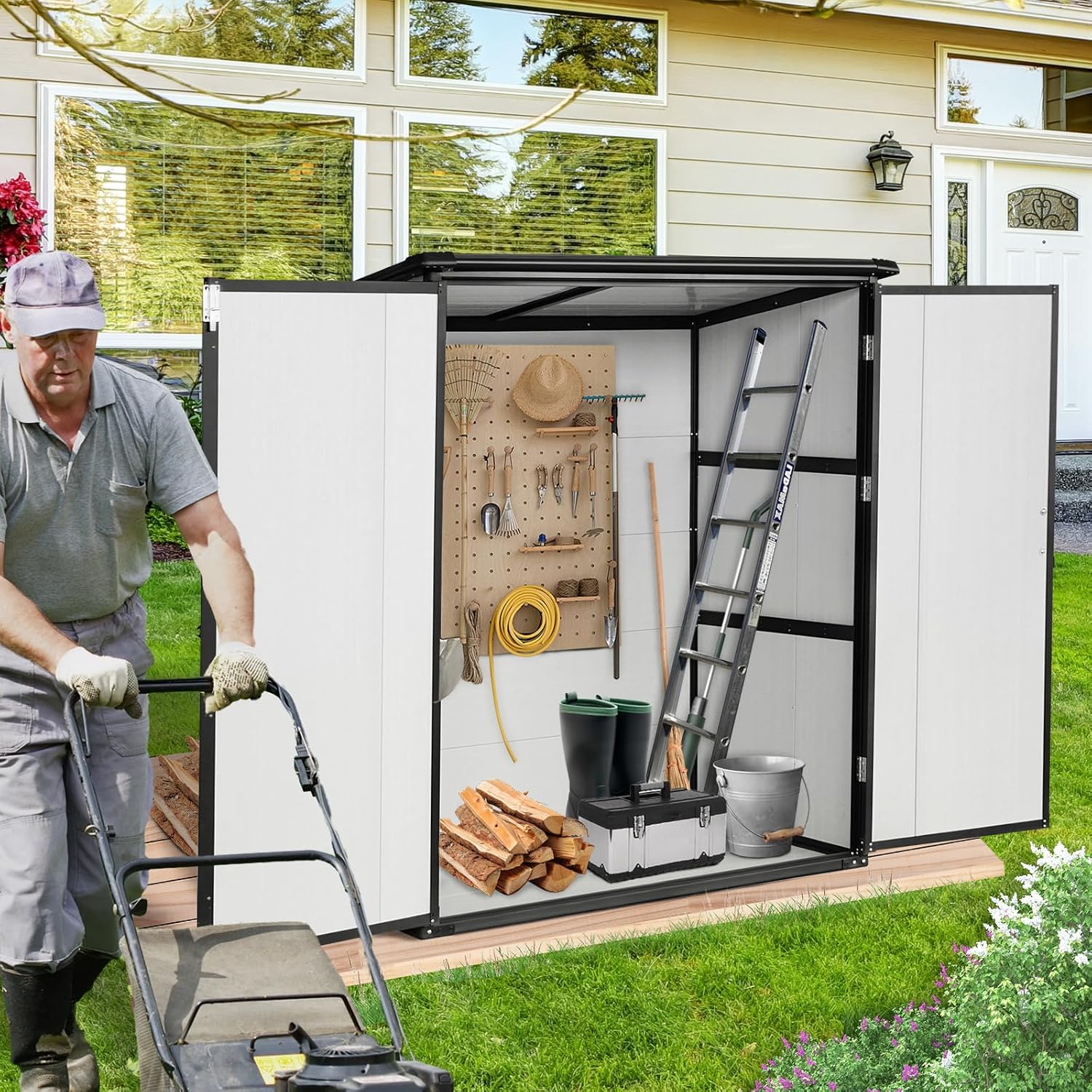 5x3 Resin Outdoor Storage Shed with Floor, Vertical Plastic Storage Cabinet with Lockable Doors, All-Weather Garden Tool Shed for Bikes and Patio Furniture (White)