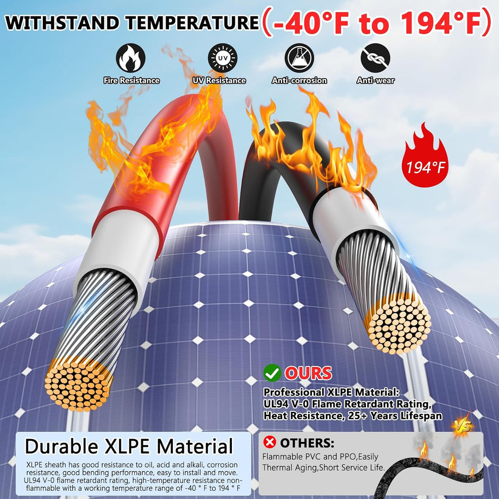 Vansdon 2x100 Feet Solar Panel Extension Cable, 10AWG Solar Cable with Female and Male Waterproof Connectors for RV, Photovoltaic Systems (100FT Red + 100FT Black)