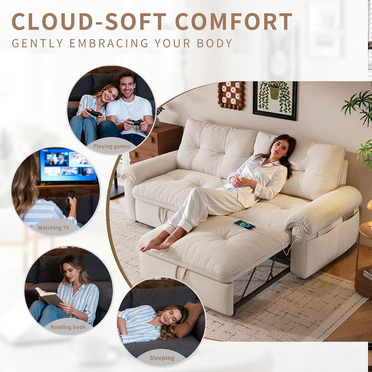 77' Queen Size Sofa Bed, Loveseat Sleeper Sofa with Pull Out Bed, Pockets and USB, Modern 2 Seater Convertible Small Couch for Living Room Bedroom Apartment, Beige