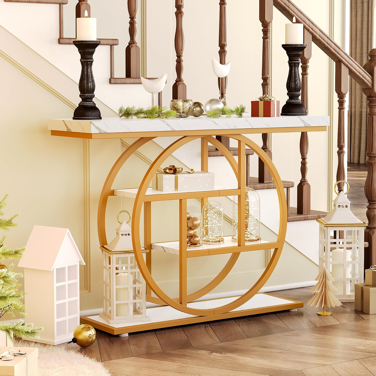 LITTLE TREE Console Table, 4-Tier Entryway Table Behind Couch Table, 41.3-Inch Modern Sofa Table for Living Room, Foyer Hallway Table for Entrance, White and Gold