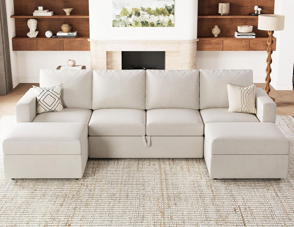 Belffin Modular Sectional Sleeper Sofa Bed with Pull Out Couch, U Shaped Sleeper Pull Out Bed, Convertible Sectional Couches for Living Room, Beige