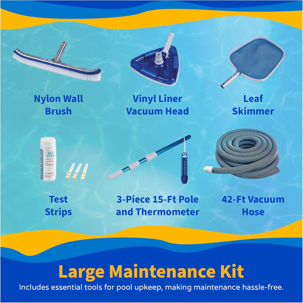 Blue Wave Montilla 15-ft x 30-ft Oval 52-in Deep Above Ground Swimming Pool – Steel Wall & Top Rails, Sand Filter, Skimmer, Liner, A-Frame Ladder & Maintenance Kit – Complete Outdoor Pool Accessories