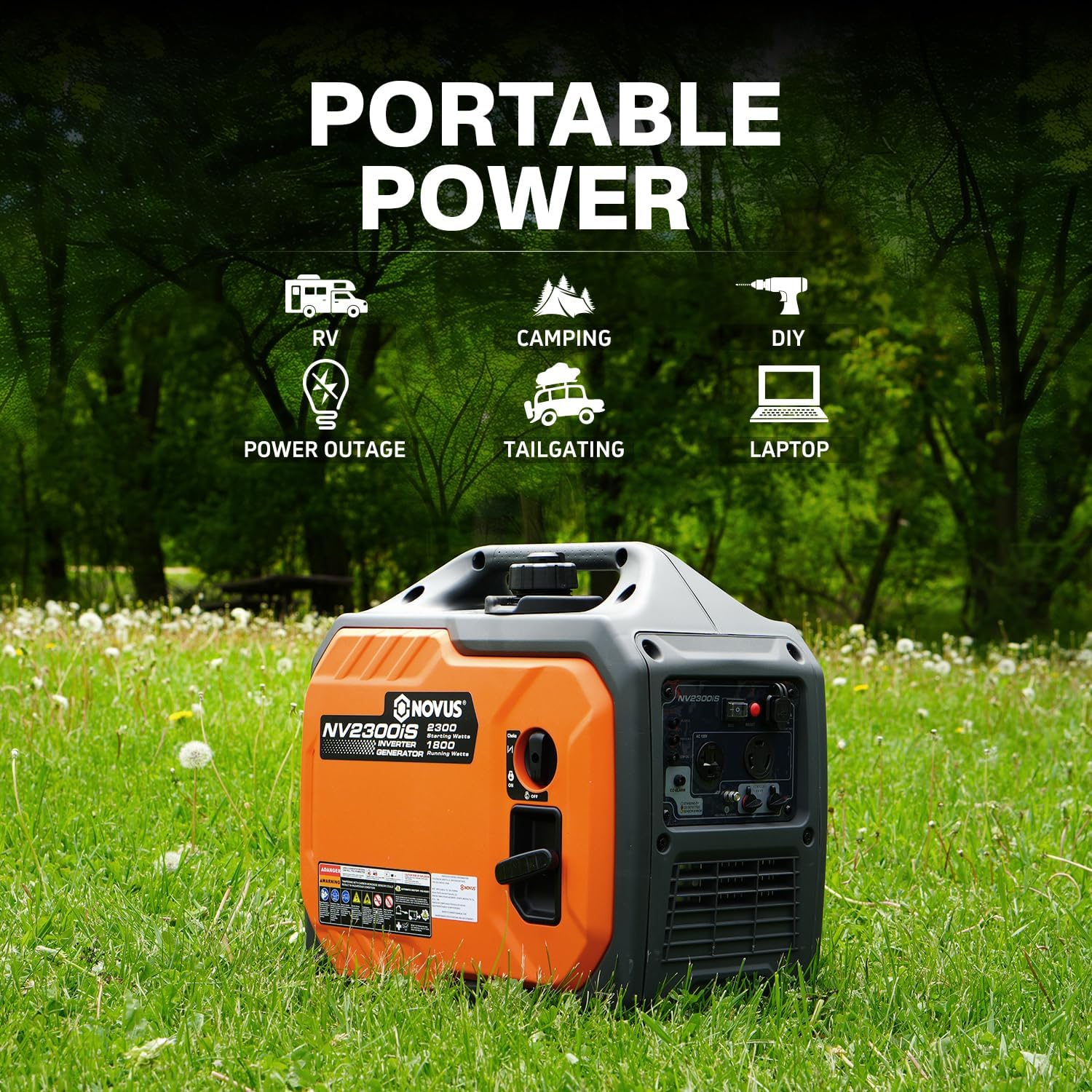 NOVUS 2300W Inverter Generator with CO and 15 Amp to 30 Amp RV Adapter Bundle