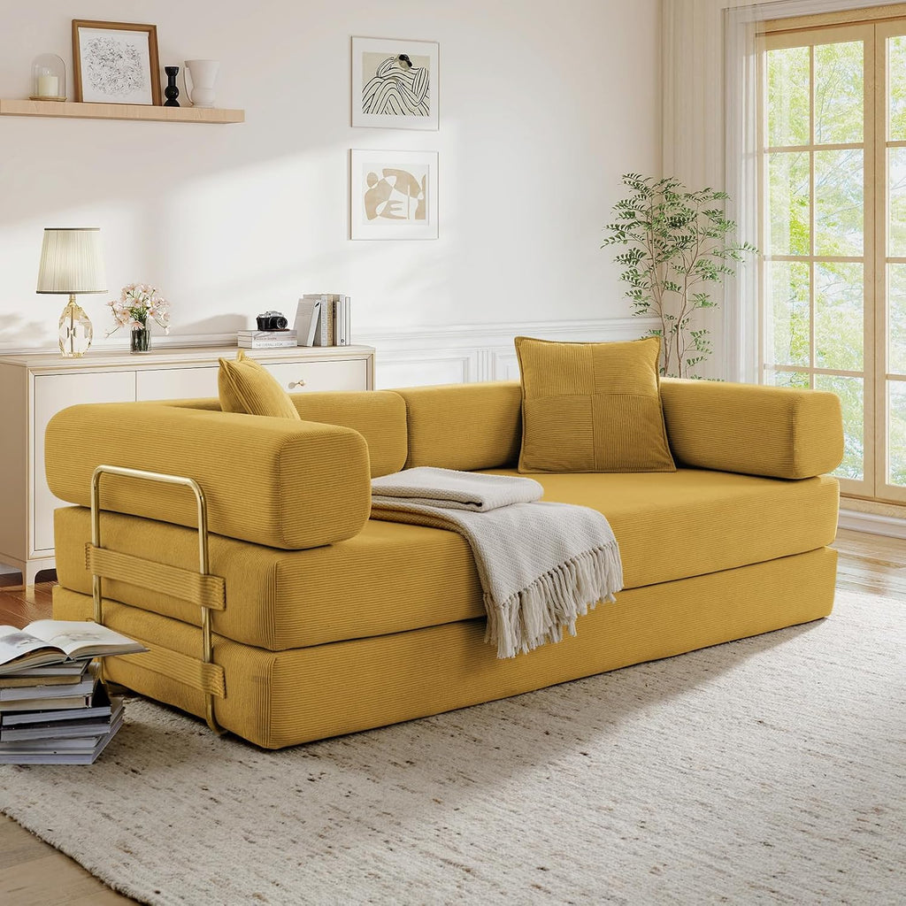 Modular Couch Bed, Convertible Folding Plush Corduroy Comfy Floor Memory Foam Compression Loveseat Sleeper Sofa Couch, King Size Bed for Guest Room Living Room Bedroom, No Assembly, Mustard Yellow
