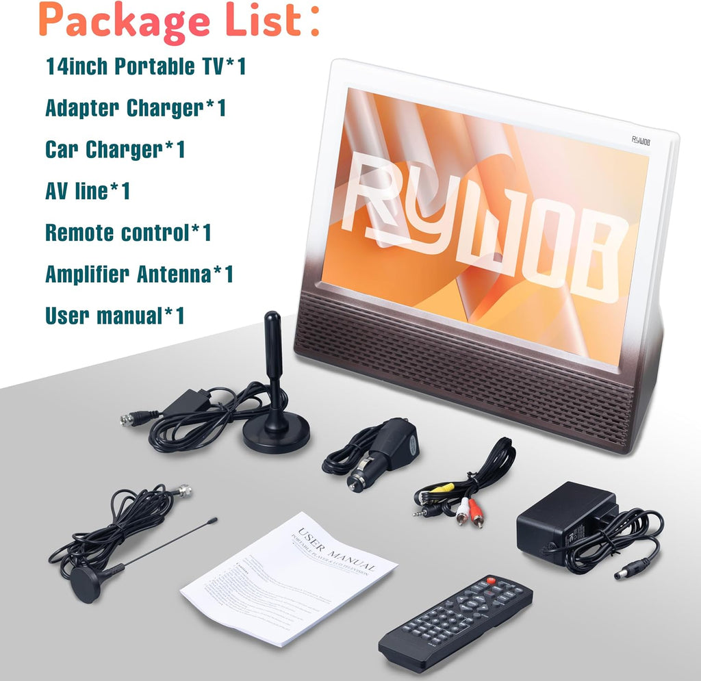 14'' Portable TV with Antenna,Built-in 8800mAh Rechargeable Battery,ATSC Digital Television with HDMI/USB/TF Card Ports,Stero Speakers TV for Camping,Kitchen,Car