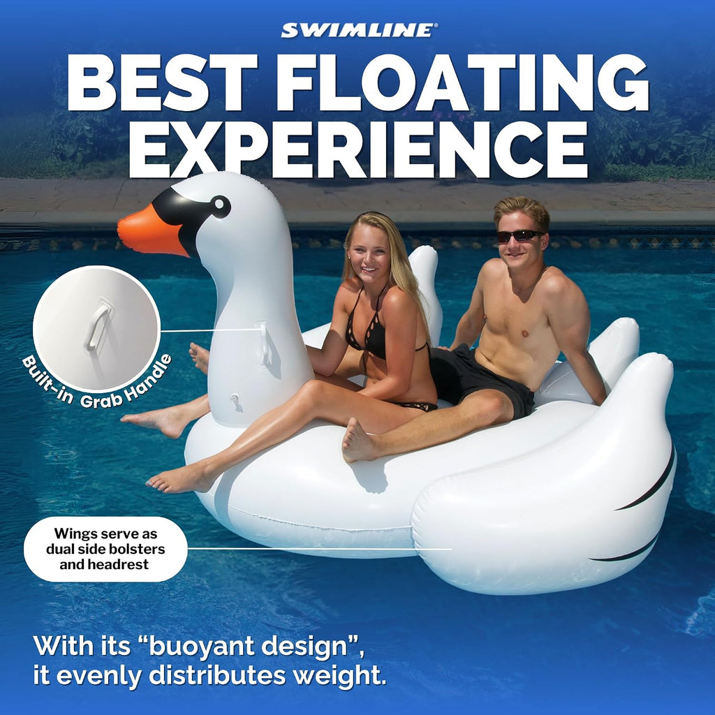 SWIMLINE Original 90621 Giant Inflatable Swan Pool Float Floatie Ride-On Lounge W/Stable Legs Wings Large Rideable Blow Up Summer Beach Swimming Party Lounge Big Raft Tube Decoration Toys Kids Adults