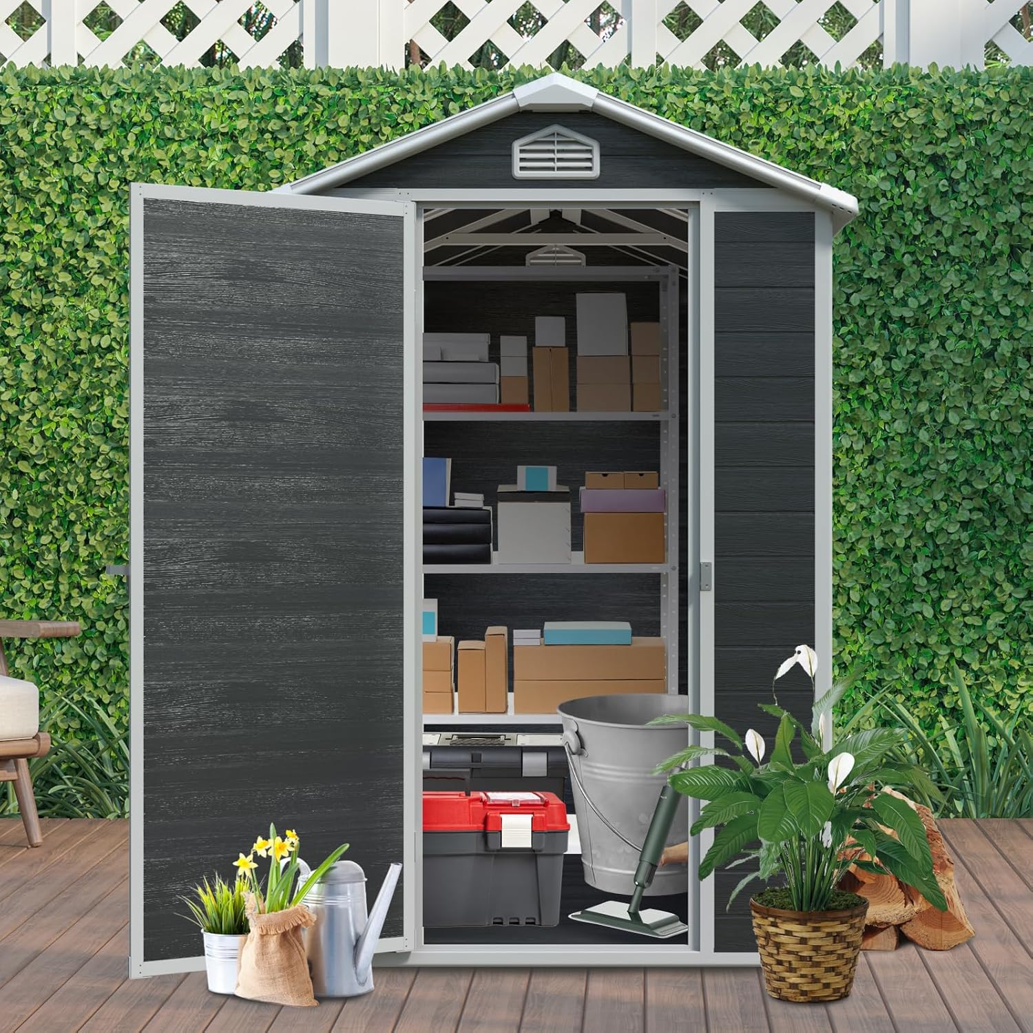 Resin 8x4ft Outdoor Storage Shed with Two Windows & Double Doors-Durable, Weather, Storage Solution for Yard, Garden, Tools, and Equipment (4x6Ft Gable | Single Door & Window | Black, Resin)