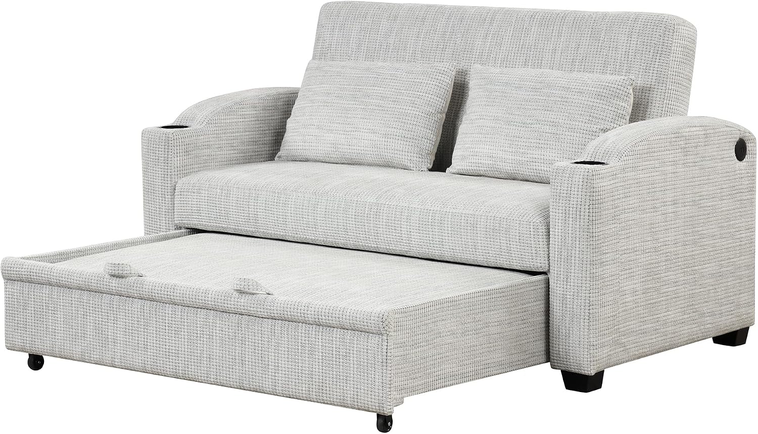 Merax 61.6' Pull Out Sleeper Sofa Bed, Modern Chenille Convertible Loveseat Sofa with Adjsutable Backrest, 2 Pillows, Cup Holders, USB Ports for Living Room, Apartment, White+Gray