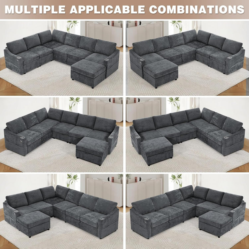 116' Chenille Modular Sofa Bed w/Adjustable Backrests, U-Shape Sleeper Sofa w/USB Ports & Storage Space, Convertible Corner Sectional Couch w/Pull Out Bed for House, Living Room, Grey