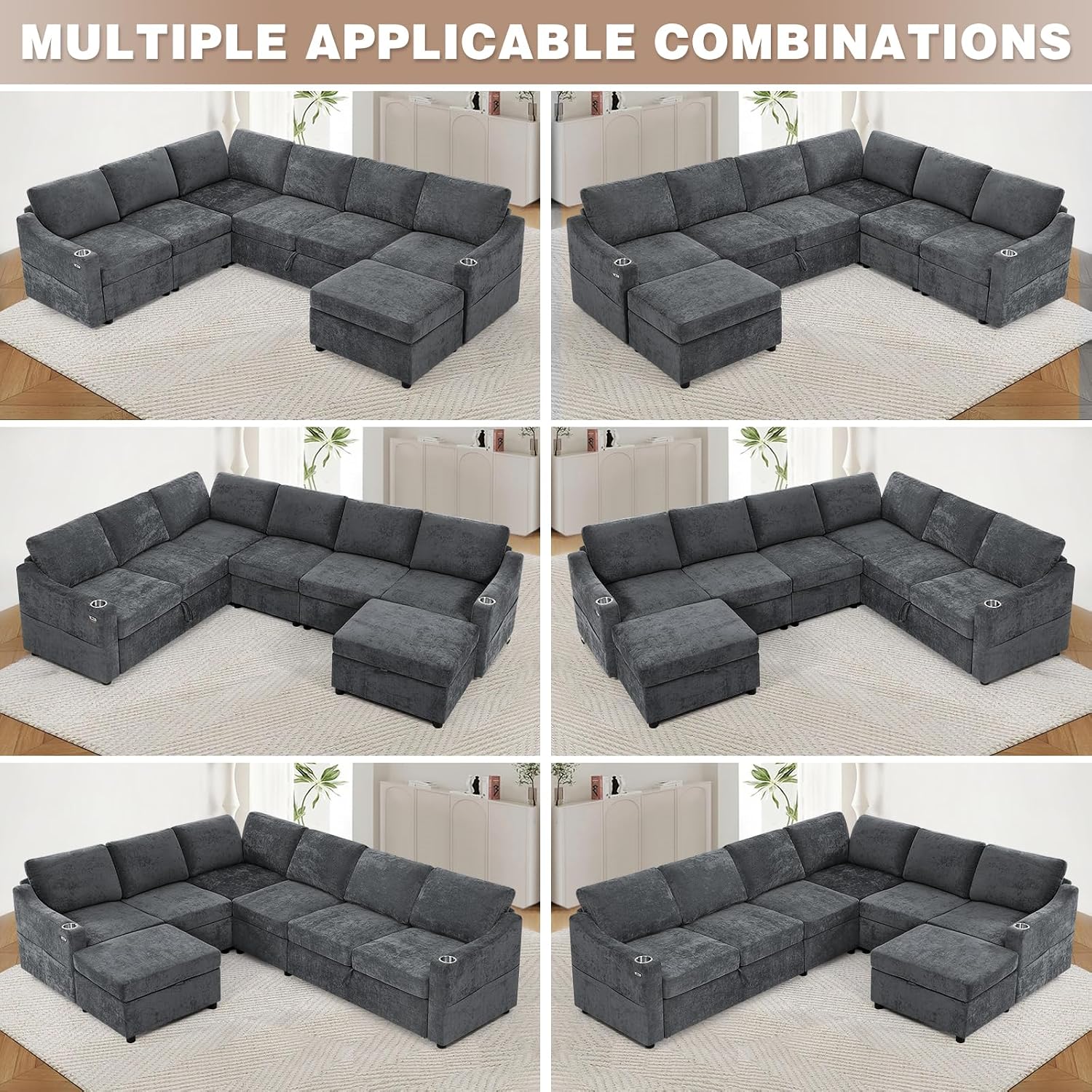 116' Chenille Modular Sofa Bed w/Adjustable Backrests, U-Shape Sleeper Sofa w/USB Ports & Storage Space, Convertible Corner Sectional Couch w/Pull Out Bed for House, Living Room, Grey