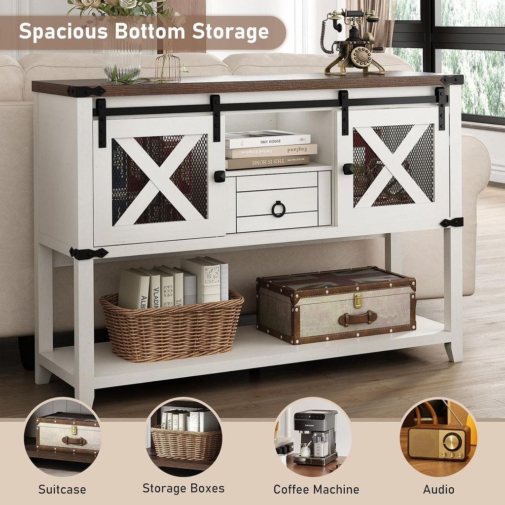 Hlivelood Farmhouse Entryway Table with 2 Sliding Barn Doors & Drawer, 46'' Rustic Console Table with Storage, Open Shelf Space, Industrial Sofa Table for Living Room, Entryway, Hallway, Vintage White