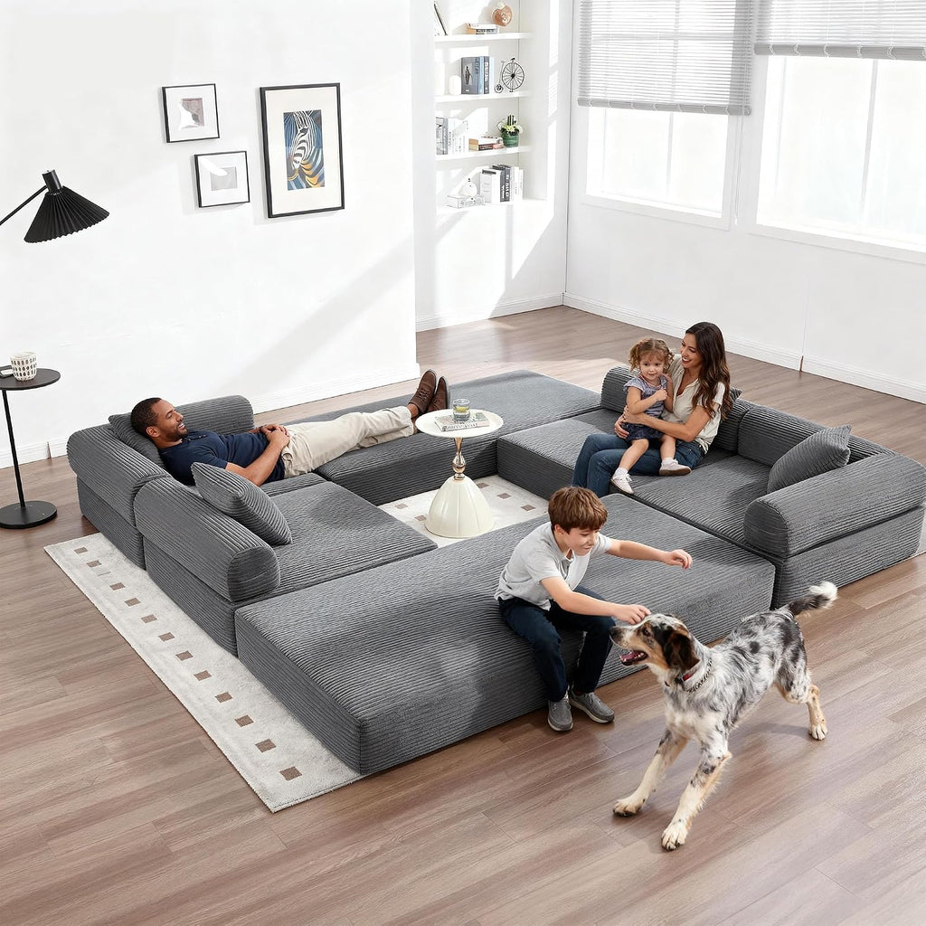 Oversized Modular Cloud Couch for Living Room, Corduroy L-Shaped Sectional Sleeper Sofa Bed with Fixed-Shape Frame, Modern Boneless Couch with Pillows & Storage，Grey