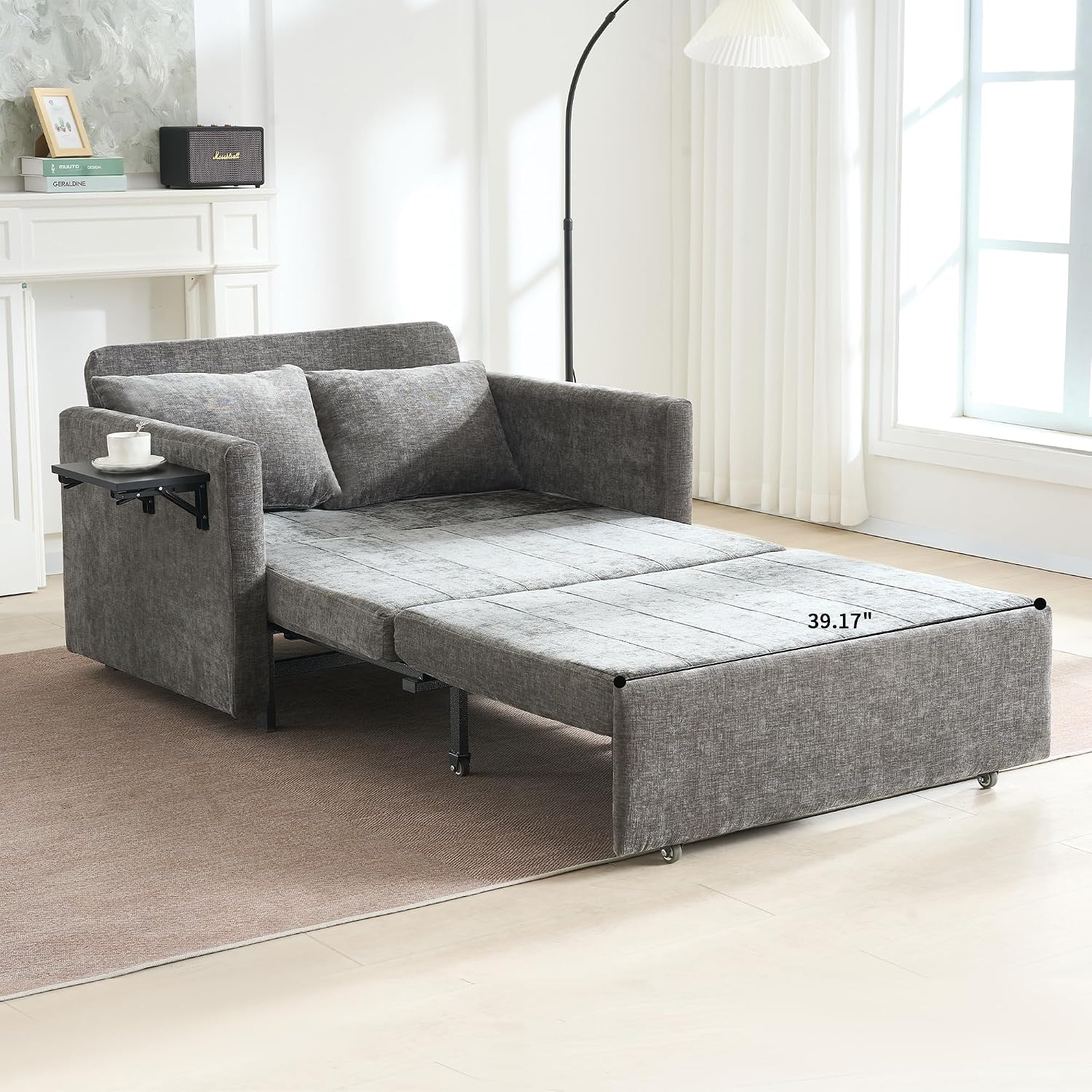 45' Oversize 3-in-1 Sleeper Chair, 75' Long Pull-Out Sleeper Sofa Bed with Wing Table and Side Pocket for Living Room, Bedroom, Small Space, Gray