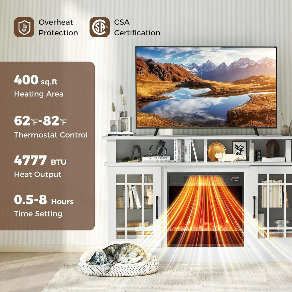 COSTWAY Electric Fireplace TV Stand for TVs Up to 55 Inches with LED Lights, 1400W Fireplace Insert with Remote, 48-Inch Wooden Media Entertainment Center with Adjustable Shelves, White