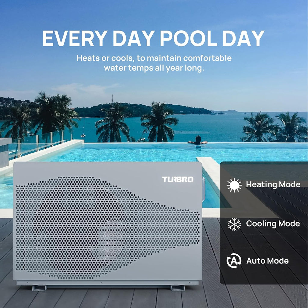 TURBRO 58,000 BTU Inverter Swimming Pool Heat Pump, Up to 18,000 Gallons, Up to 15.8 COP, Smart WiFi Control, Heating & Cooling for Inground and Above Ground Pools, 220-240V, Beluga B58V