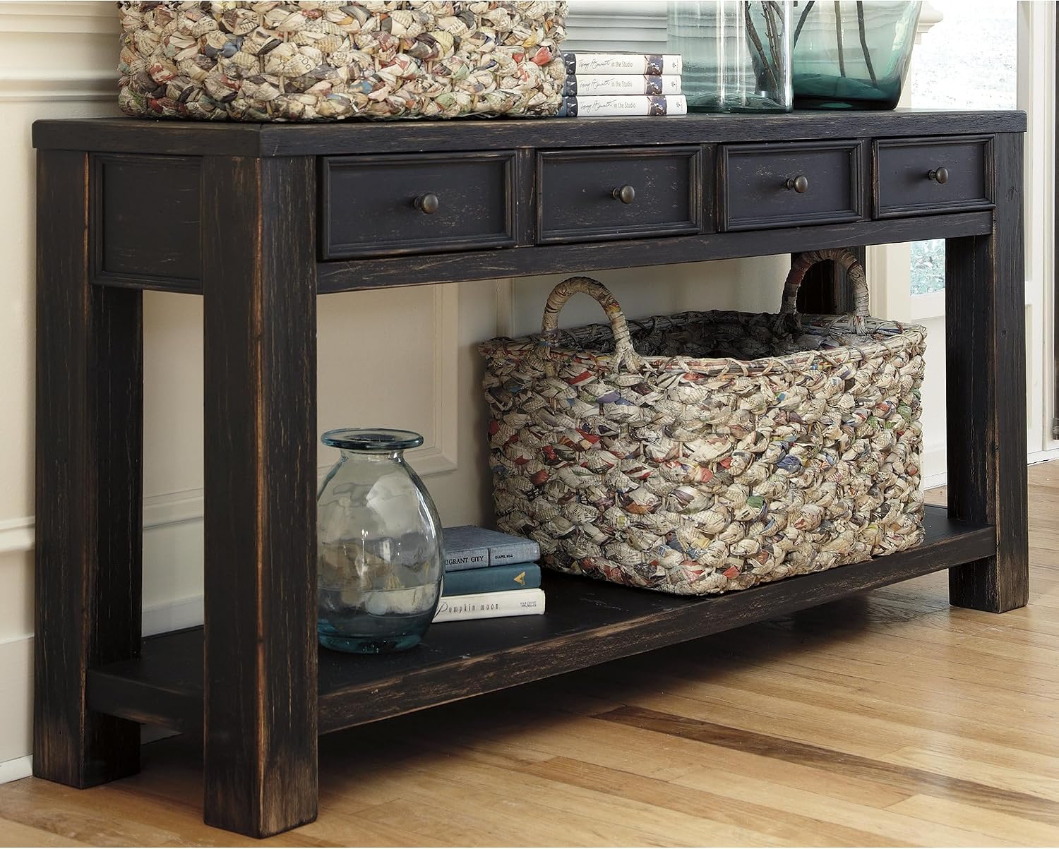 Signature Design by Ashley Gavelston Sofa Table, Couch Table with Drawers & Shelf, Hand-Finished Wood Console for Living Room or Entryway, Weathered Black