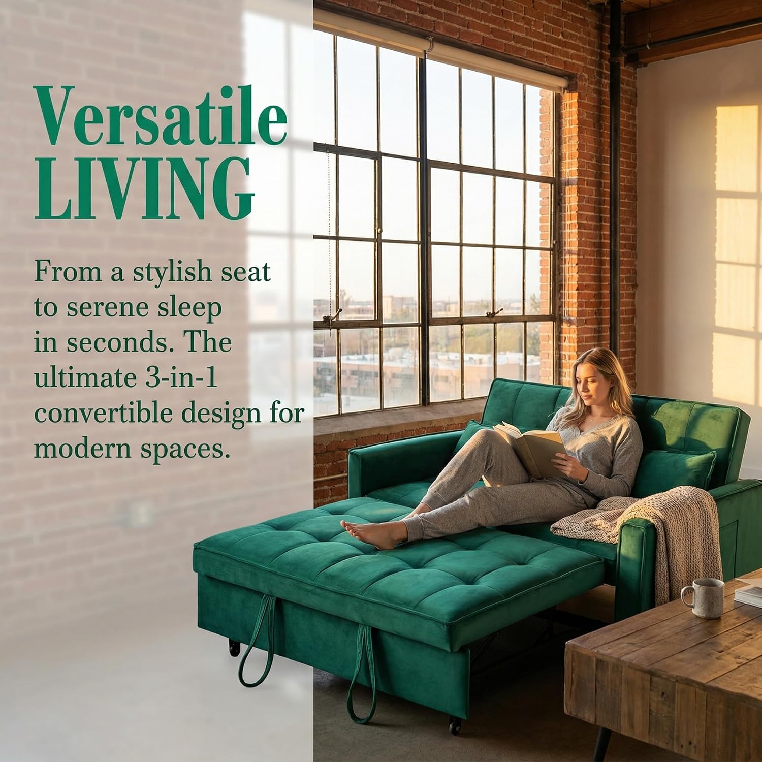 55in Pull Out Sofa Bed, 3 in 1 Convertible Sleeper Sofa Bed with Side Pockets & Adjustable Backrest, Velvet Fabric Loveseat Pull Out Couch for Living Room Bedroom Apartment & RV, Green