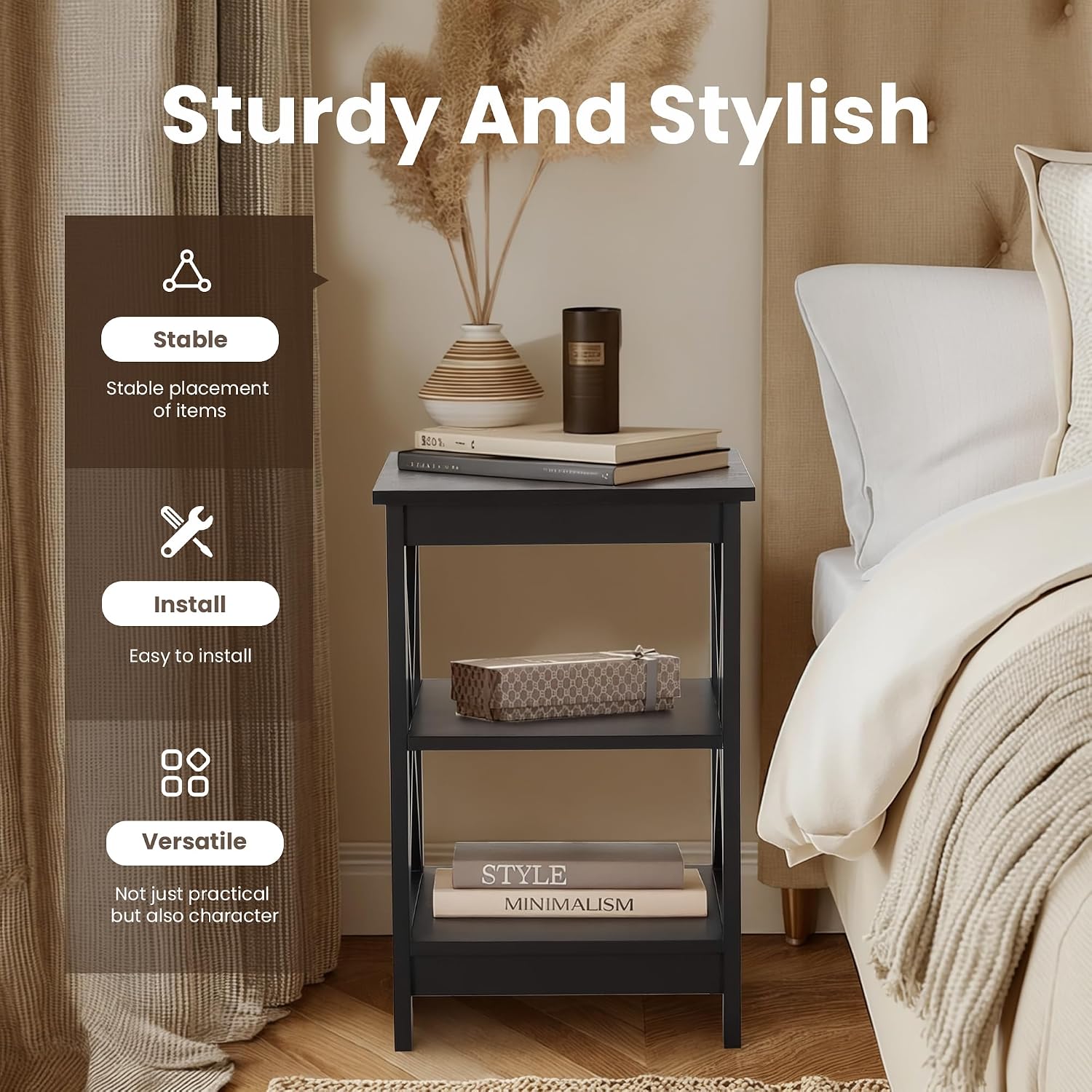 PHI VILLA Black End Table, Side Table for Living Room Set of 2, Nightstand/Bedside Table