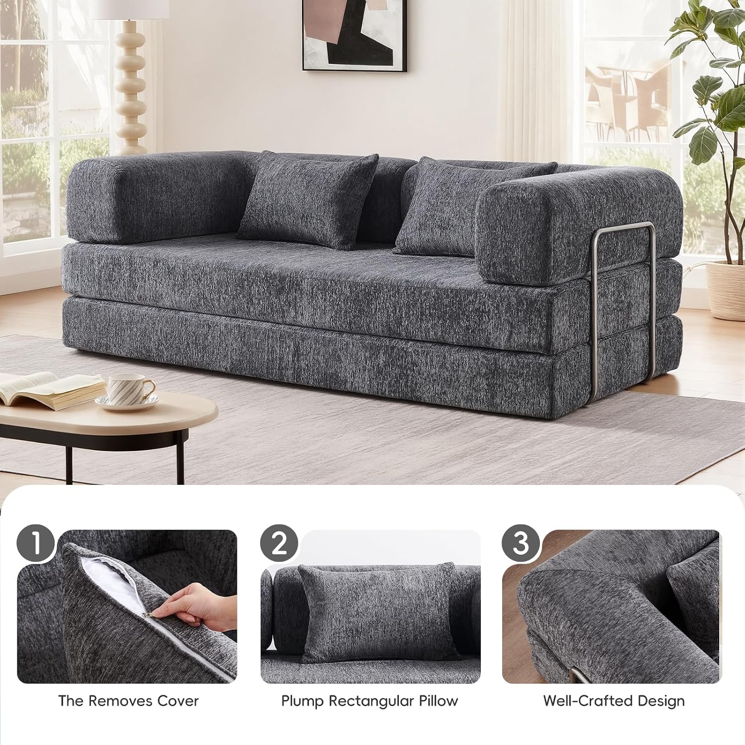5-in-1 Convertible Folding Sofa Bed, 79' Queen Chenille Boneless Couch with Removable Armrests, No Assembly Loveseat Sleeper Sofa, Modular Futon Couch for Living Room & Bedroom, Dark Grey