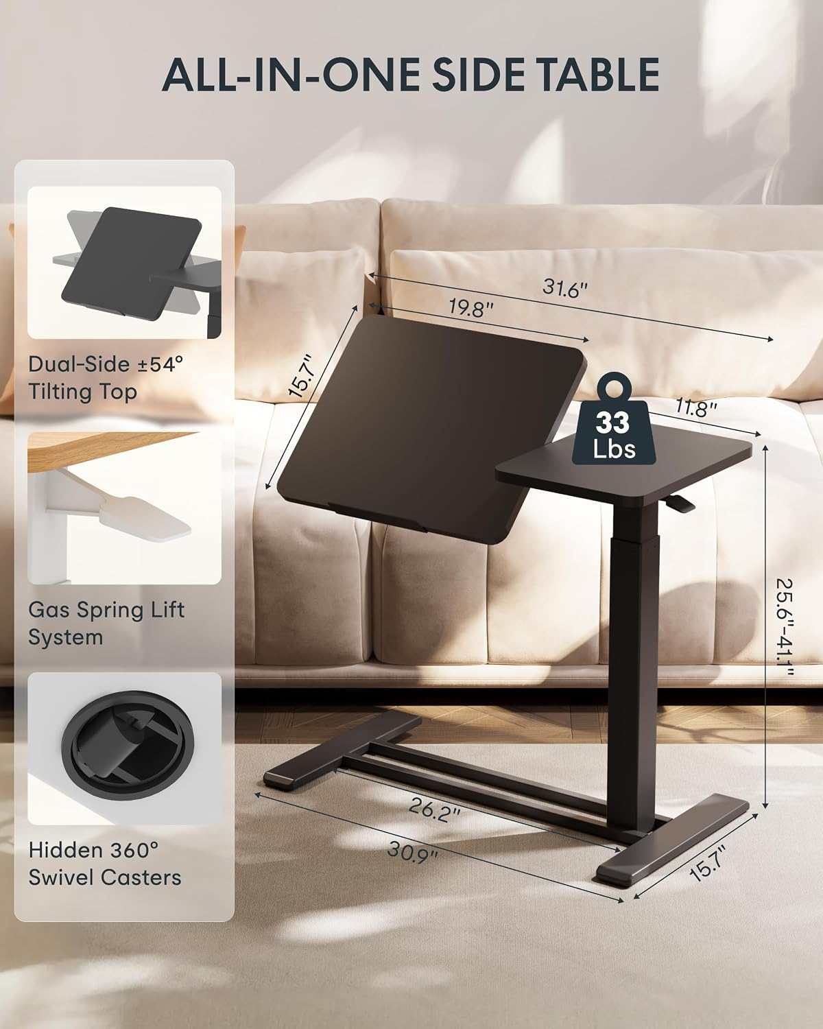 FLEXISPOT Adjustable Height C-Shaped End Table with Split Tilting Top – Mobile Side Table for Sofa & Bedside, Slides Under Furniture, Hidden Wheels for Small Spaces(31.6' W x 15.7' D,Black)
