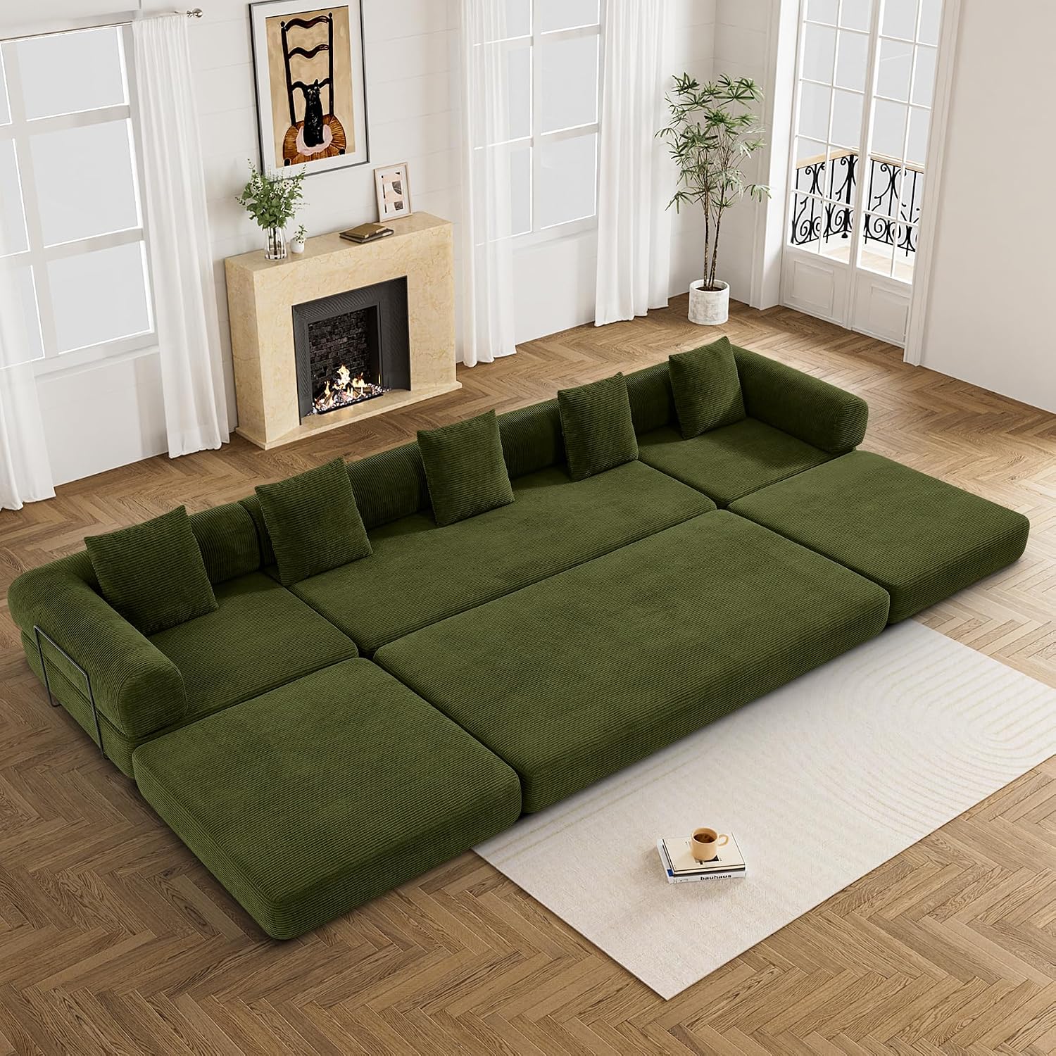 DAMAIFROM Convertible Sleeper Sofa Bed with Cylindrical Pillow,Corduroy Folding Mattress Couch with Fixed-Shape Frame,Modular Floor Sofa Lounge Couch for Living Room Bedroom Lounge,158.6',Olive Green