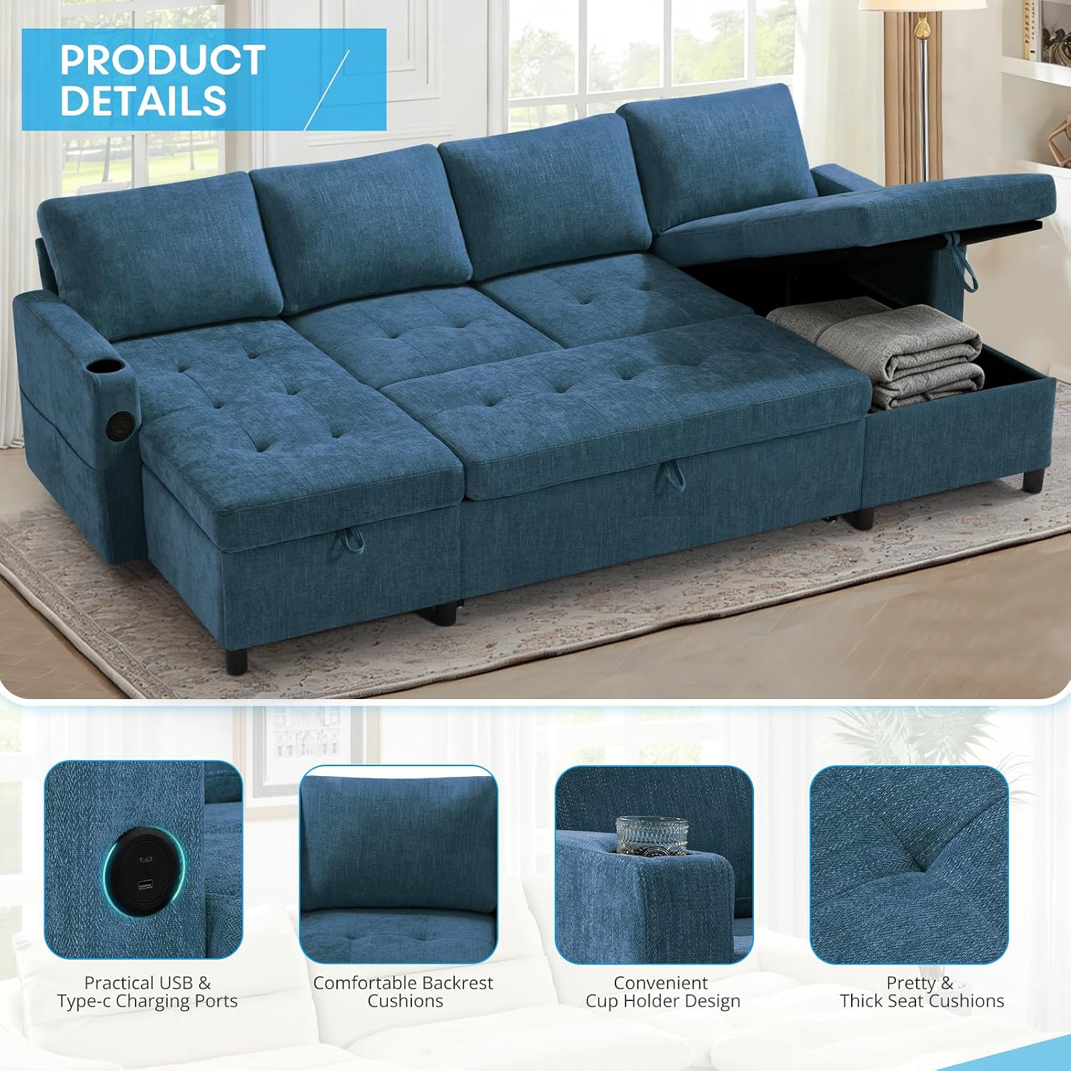 110' Sectional Pull Out Sofa Bed with Adjustable Backrests, U-Shaped Sleeper Sofa with USB Ports, Upholstered Reversible Couch with Cup Holder & Storage Space for Living Room, House, Blue