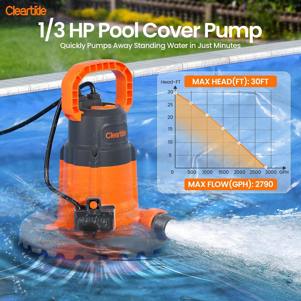 Cleartide Smart Automatic Water Pool Cover Pump,Submersible Pump Removes Water from Inground/Above Ground Winter Swimming Pools, 1/3 HP 2790 GPH, Auto On/Off & Freeze Protection, 25ft Cord, 120V AC